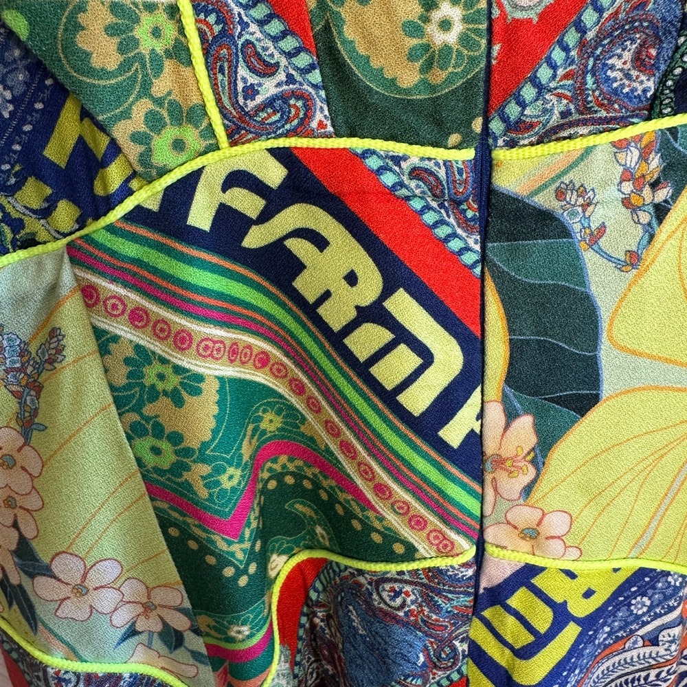 FARM Rio Patchwork Maxi Dress Multicolor Ruffle‎ Small/Petite Sleeve V Neck - Picture 7 of 9